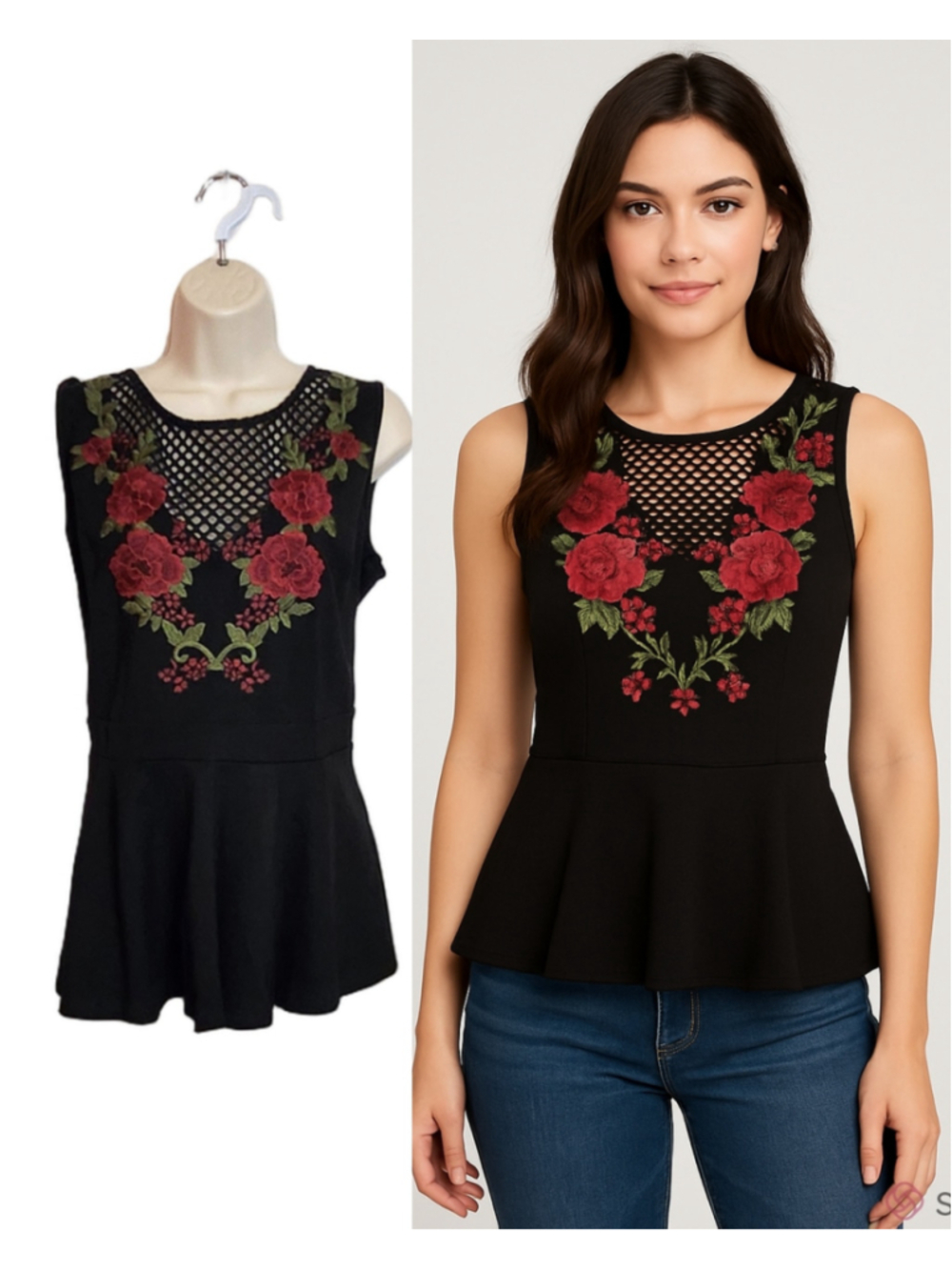 City Chic Mesh Cutout Floral Embroidered Peplum Fitted Knit Blouse Black/Red 14